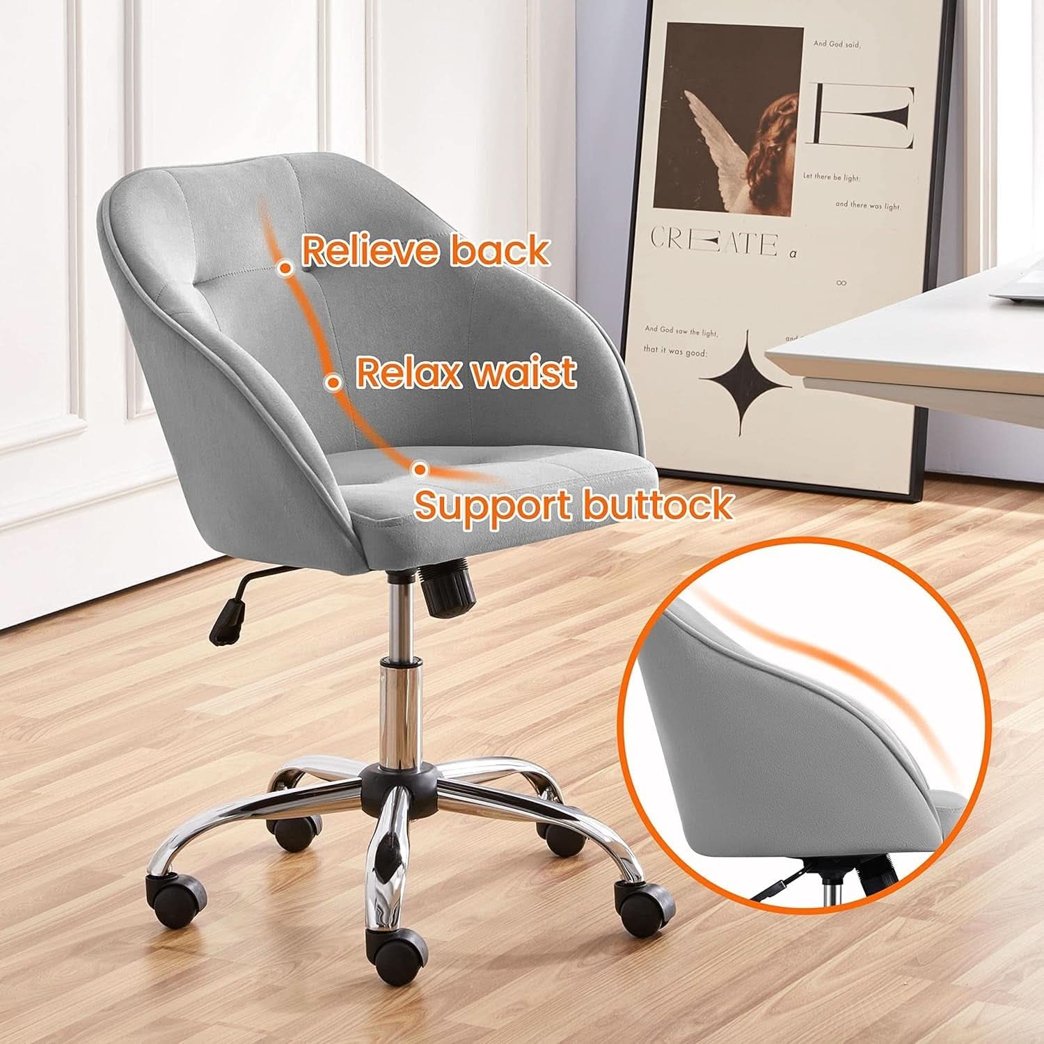Light Gray Velvet Desk Chair With Adjustable Tilt Arm