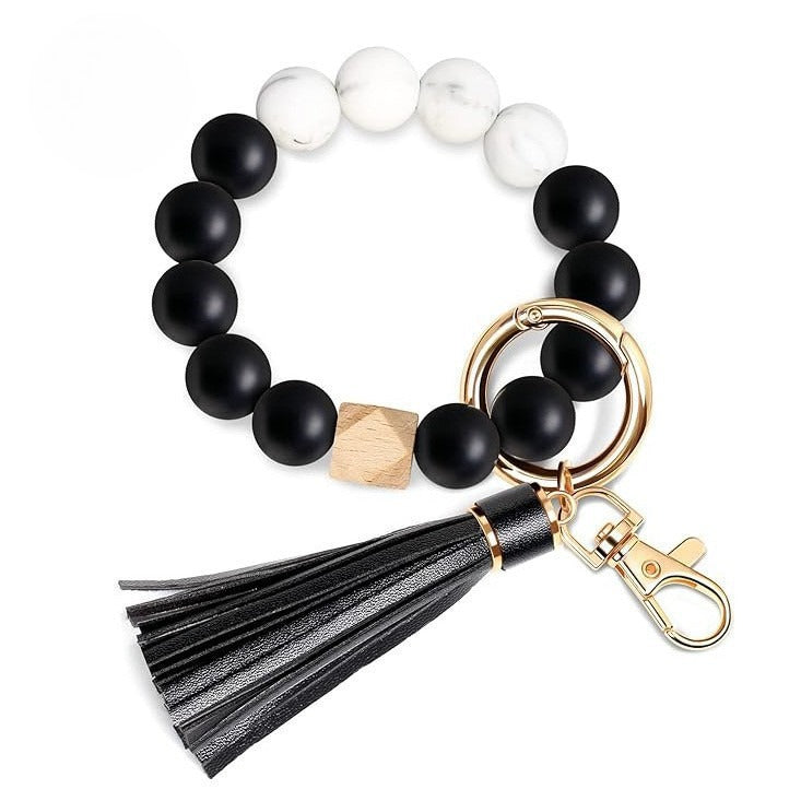 PU Tassel Keychain Bag charm Silicone Beaded Keychain Wristlet Key Ring Bracelet Cute Car Key Chain Holder for Women Girls