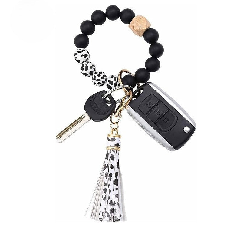 PU Tassel Keychain Bag charm Silicone Beaded Keychain Wristlet Key Ring Bracelet Cute Car Key Chain Holder for Women Girls