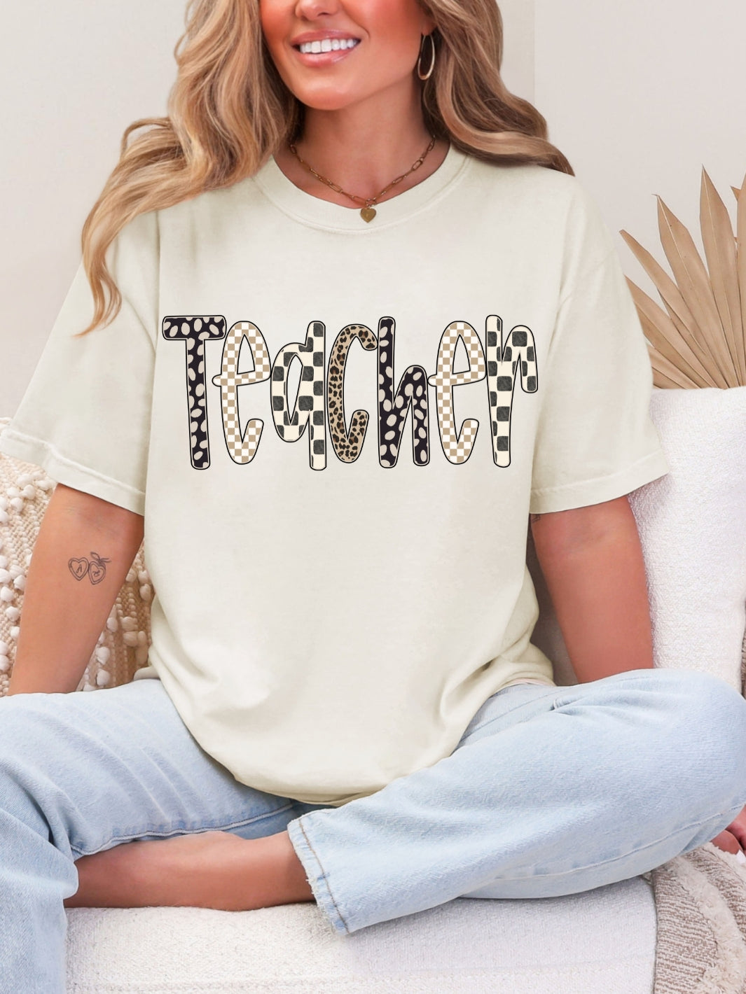 Comfort Colors Teacher Checkered Leopard Print T-Shirt