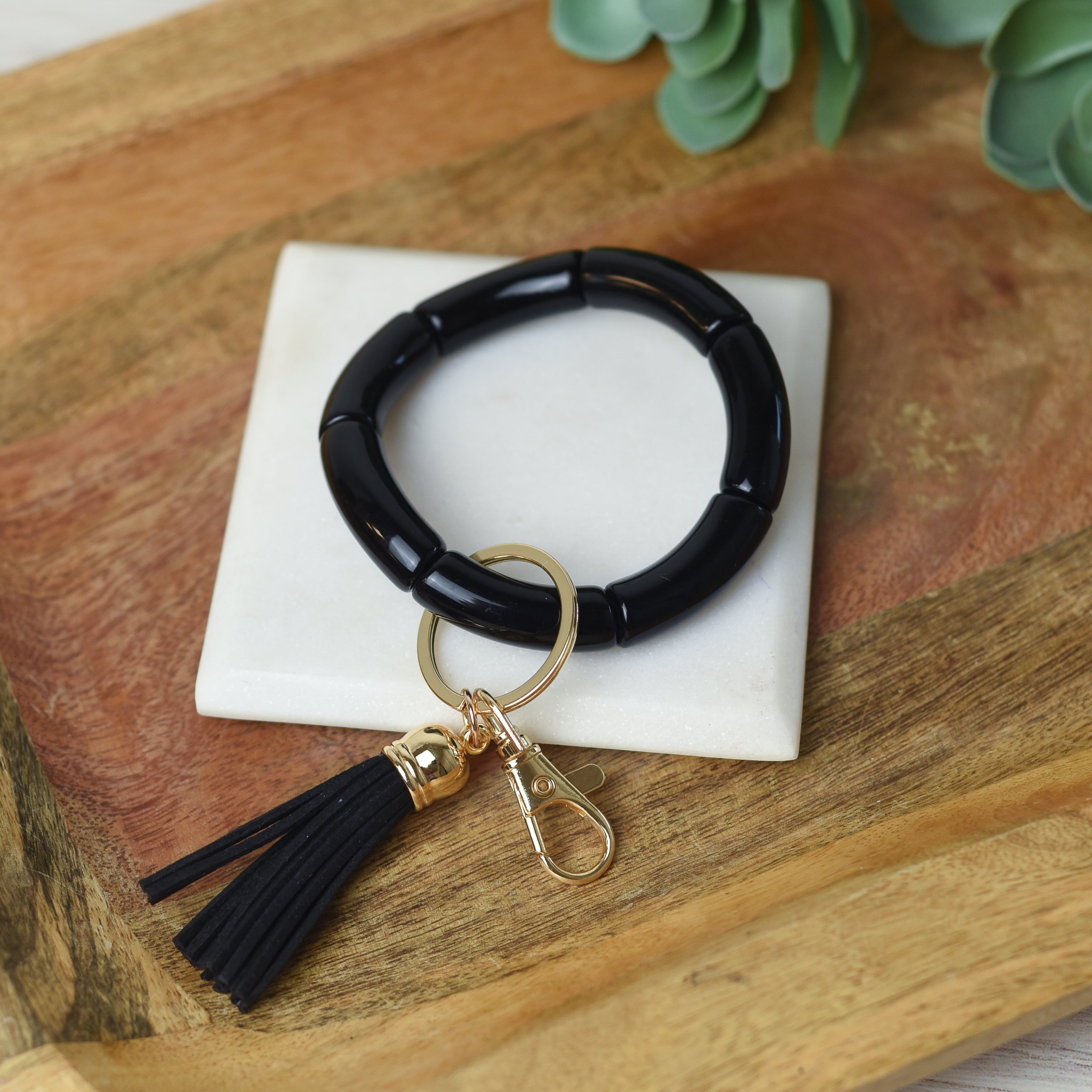 Katie Tube Bead Stretch Bracelet with Tassel and Keychain