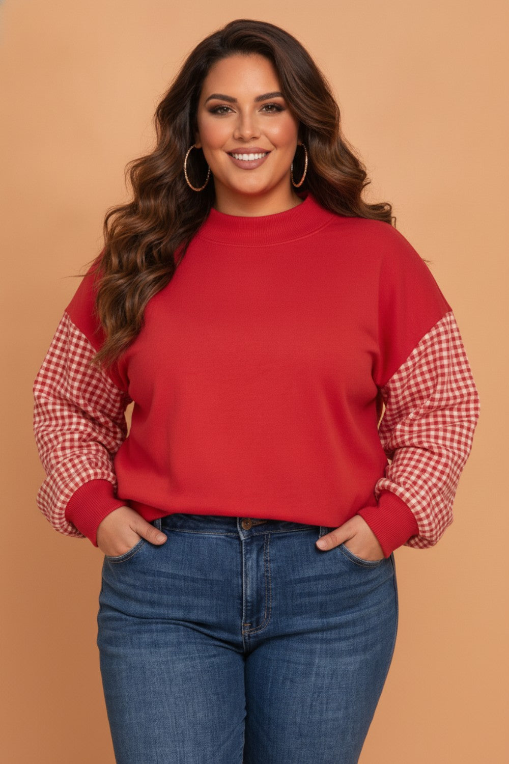 Plus Size Gingham Patchwork Long Sleeve Sweatshirt