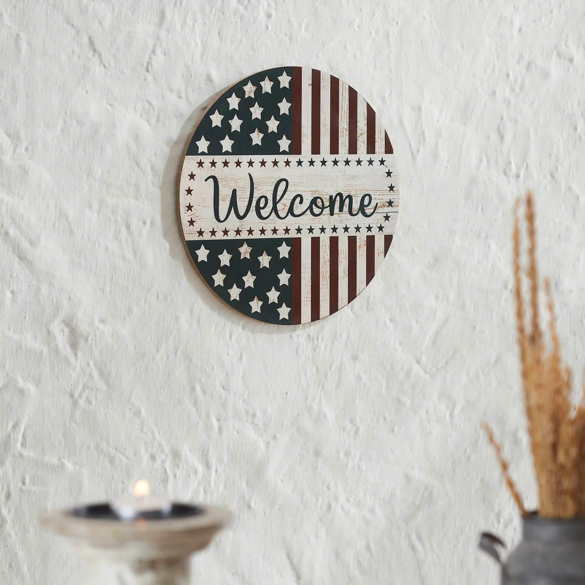 Patriotic Welcome Sign – 11" Round MDF Wall Hanging