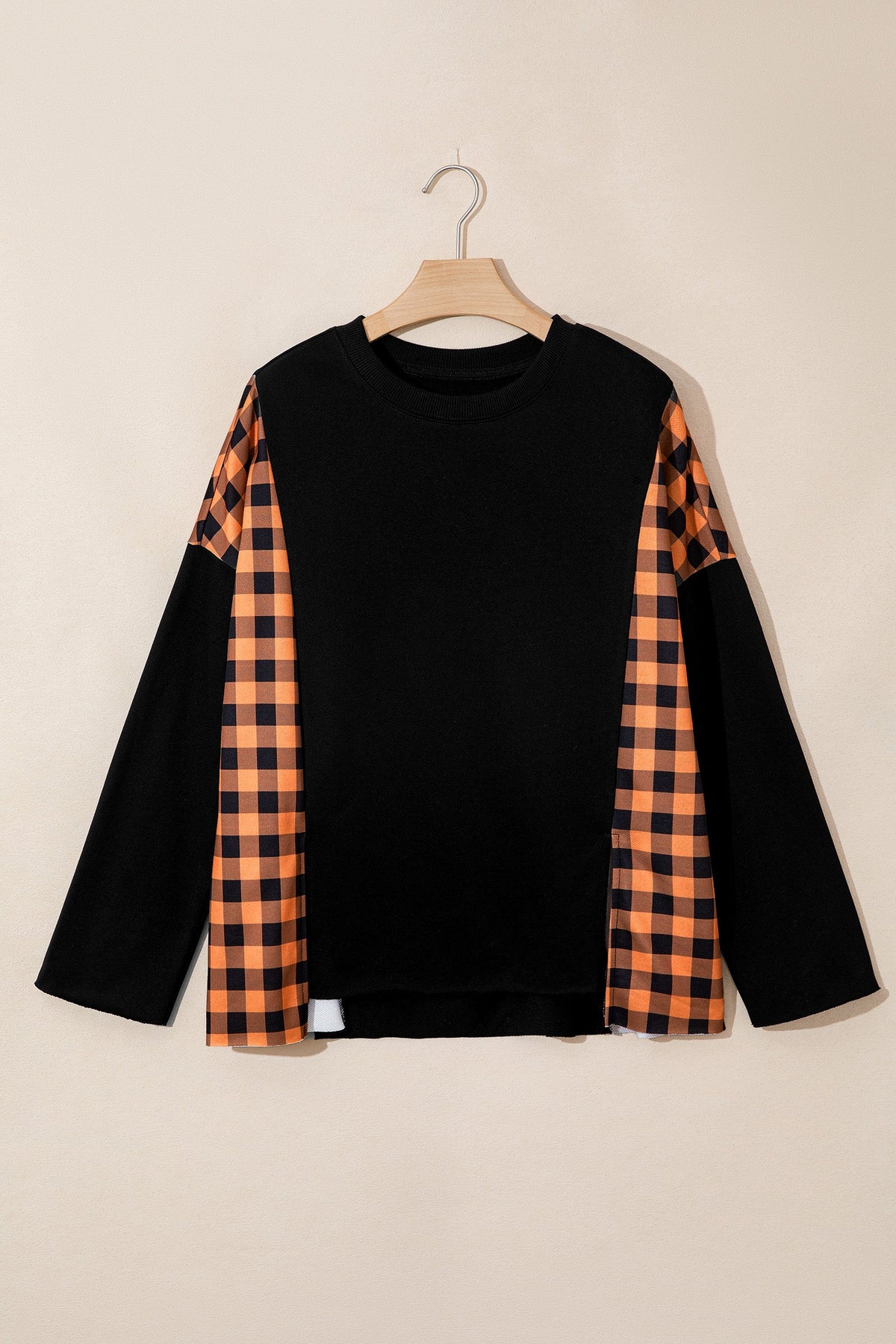 Halloween Pumpkin Gingham Patchwork Long Sleeve Top