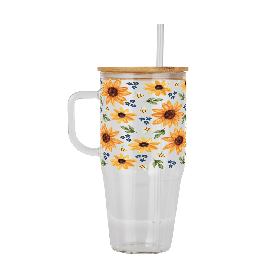 Sunflower With Bees Glass Cup, Mug & Tumbler with Lid and Straw