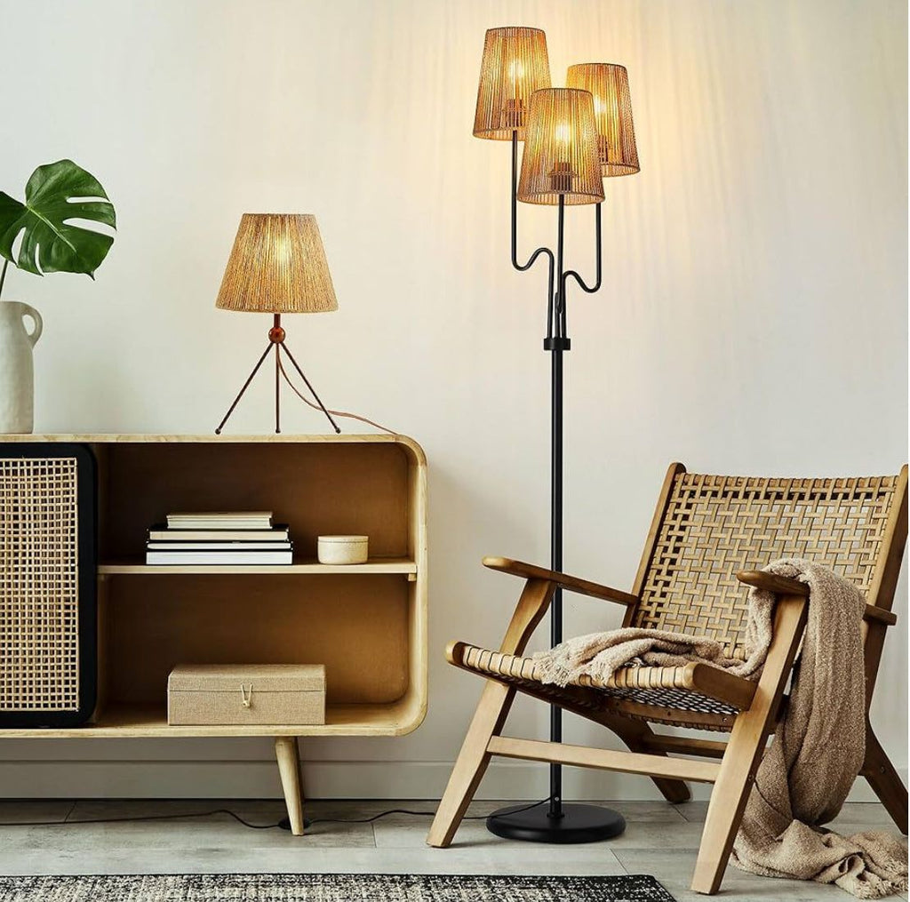Boho Floor Lamp, 68in. Rattan Floor Lamp with Rattan Shade, 3 Light Tree Standing Lamp for Bedroom,Nursery, E26 Socket, Living Room Floor Lamp for Rus