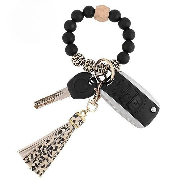 PU Tassel Keychain Bag charm Silicone Beaded Keychain Wristlet Key Ring Bracelet Cute Car Key Chain Holder for Women Girls