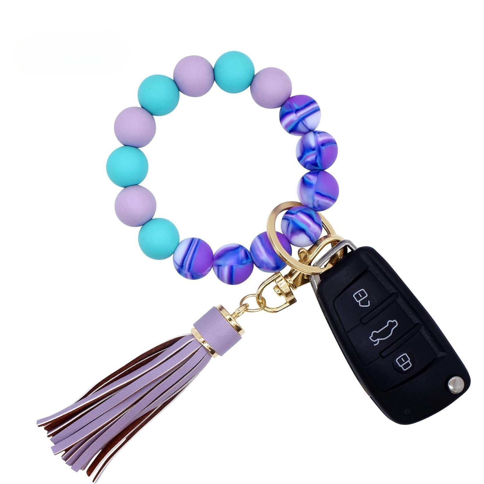 PU Tassel Keychain Bag charm Silicone Beaded Keychain Wristlet Key Ring Bracelet Cute Car Key Chain Holder for Women Girls