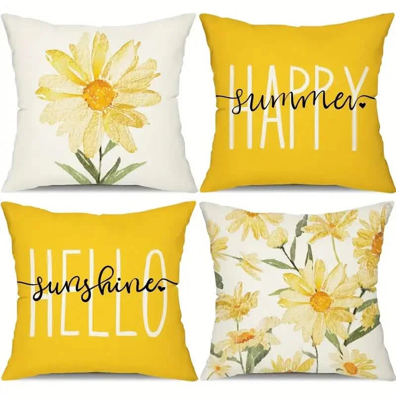 4-Pieces: Summer Flowers Printed Throw Pillow Cover Cushion Pillow Case