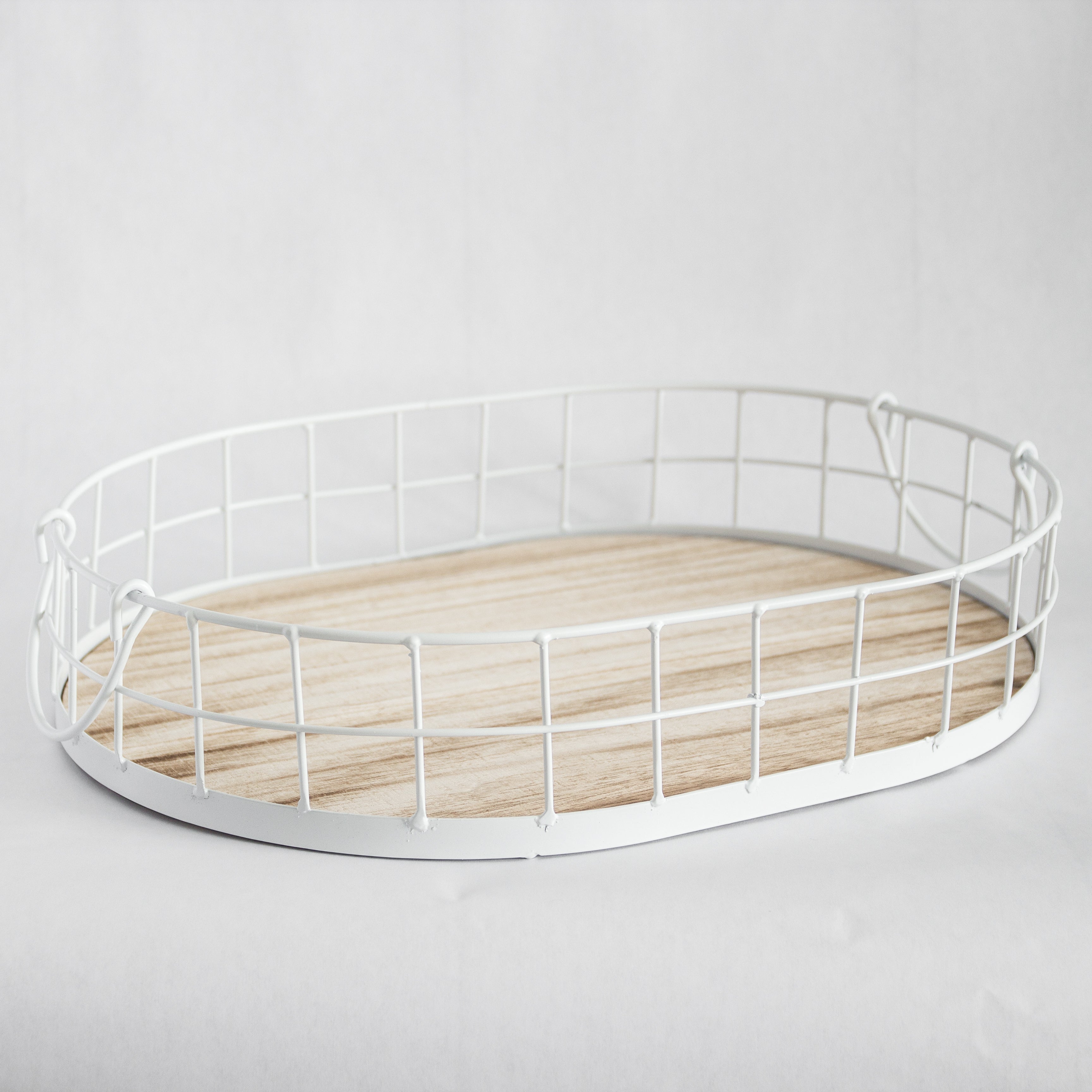 Oval Metal & Wood Decorative Tray — Rustic White Accent Tray for Home