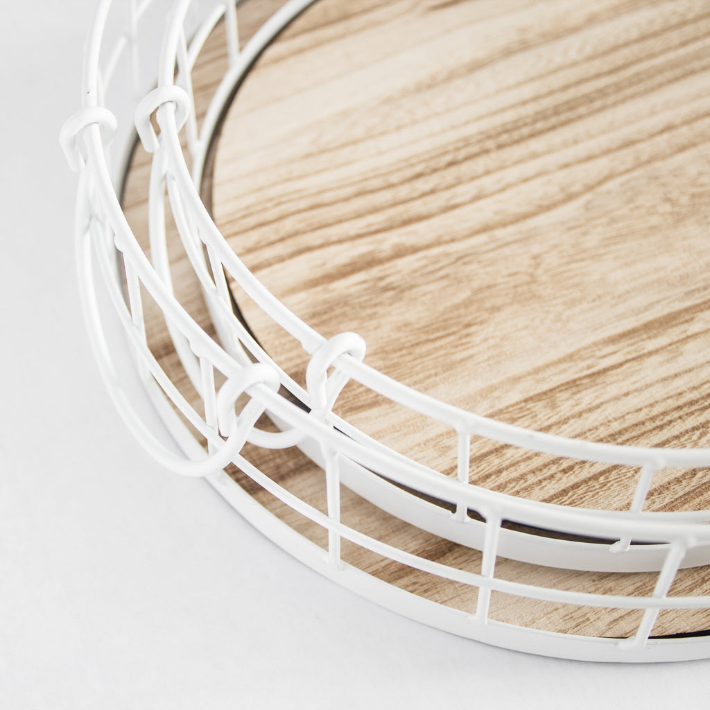 Oval Metal & Wood Decorative Tray — Rustic White Accent Tray for Home