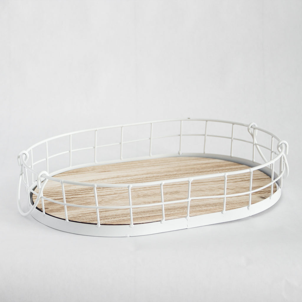 Oval Metal & Wood Decorative Tray — Rustic White Accent Tray for Home