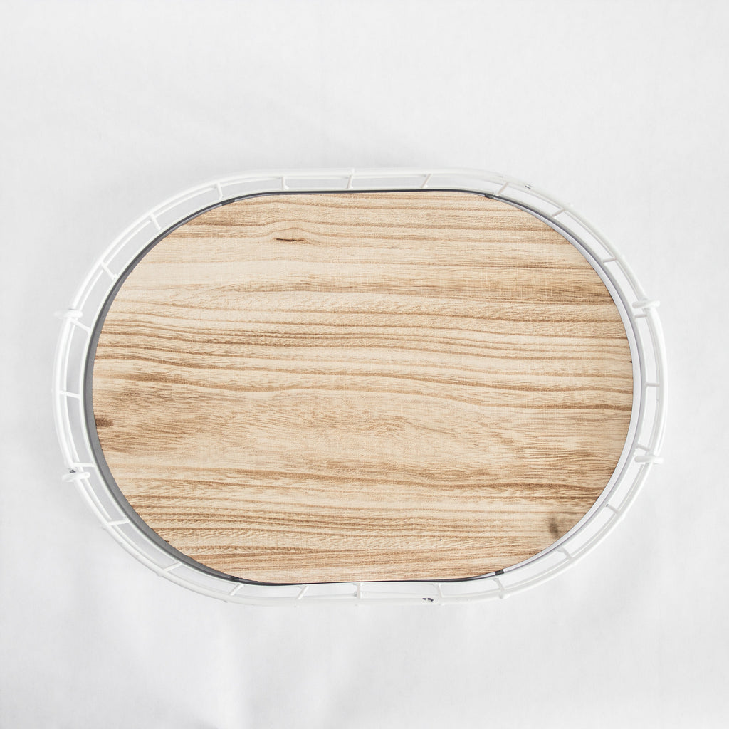 Oval Metal & Wood Decorative Tray — Rustic White Accent Tray for Home