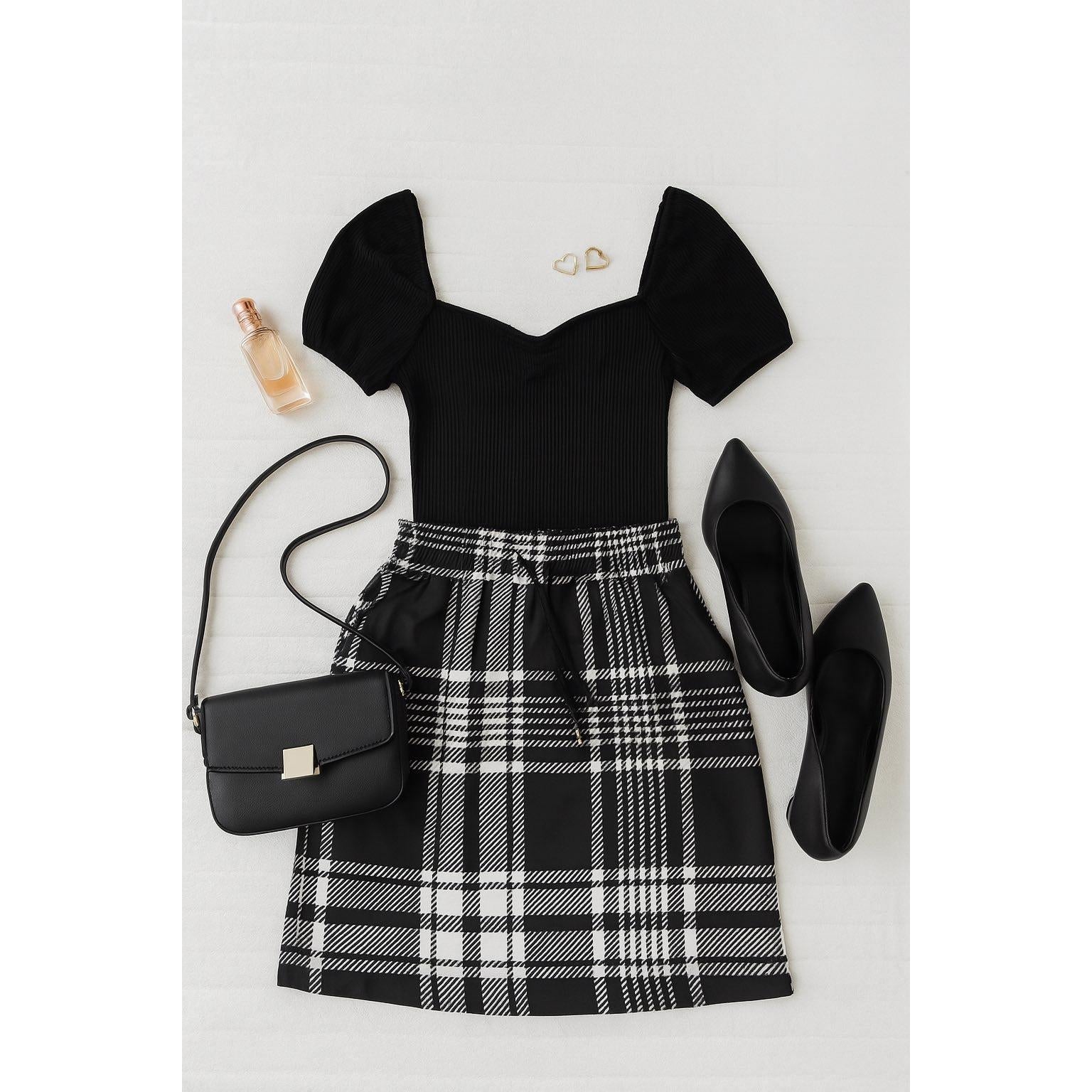 Amelia - Black And White Plaid Jogger Skirt
