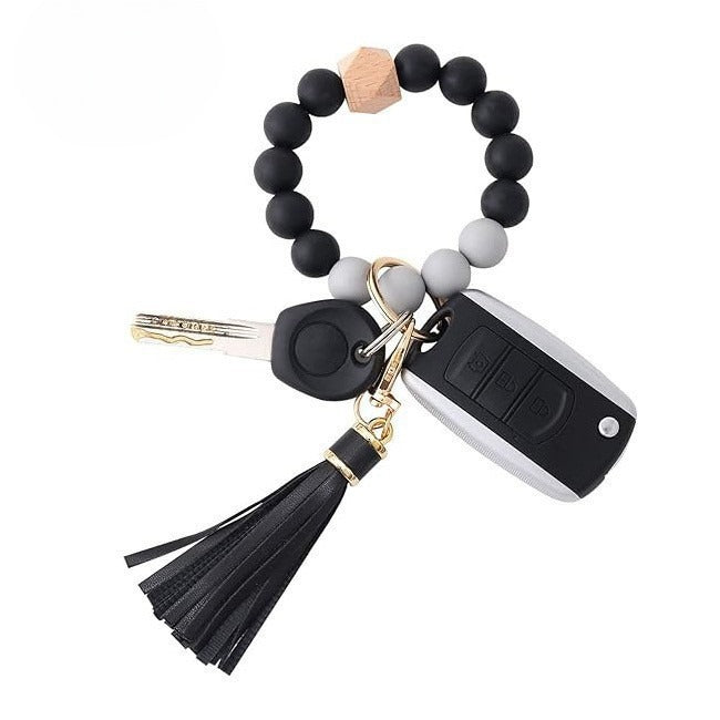 PU Tassel Keychain Bag charm Silicone Beaded Keychain Wristlet Key Ring Bracelet Cute Car Key Chain Holder for Women Girls