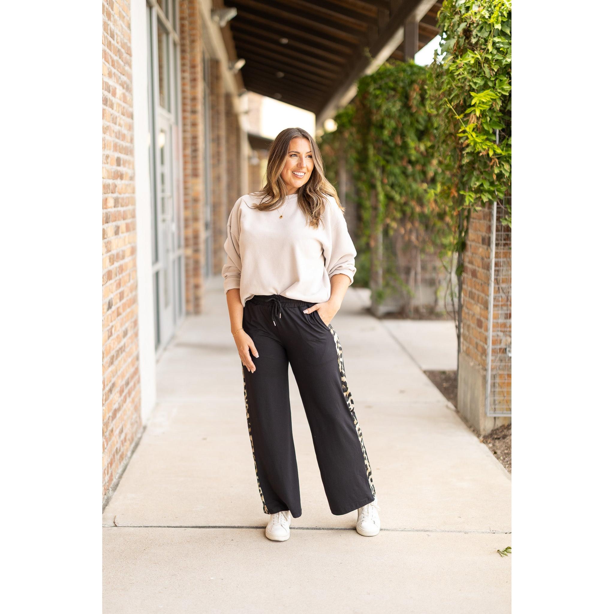 Chelsea - Black Wide Leg with Leopard Panel Loungers