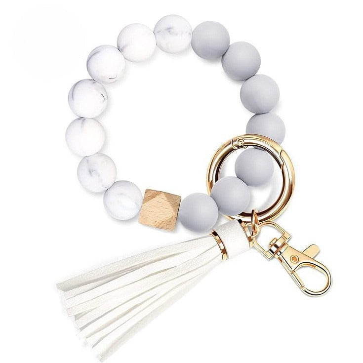 PU Tassel Keychain Bag charm Silicone Beaded Keychain Wristlet Key Ring Bracelet Cute Car Key Chain Holder for Women Girls