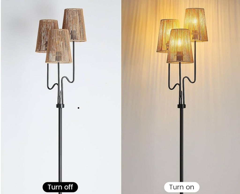 Boho Floor Lamp, 68in. Rattan Floor Lamp with Rattan Shade, 3 Light Tree Standing Lamp for Bedroom,Nursery, E26 Socket, Living Room Floor Lamp for Rus