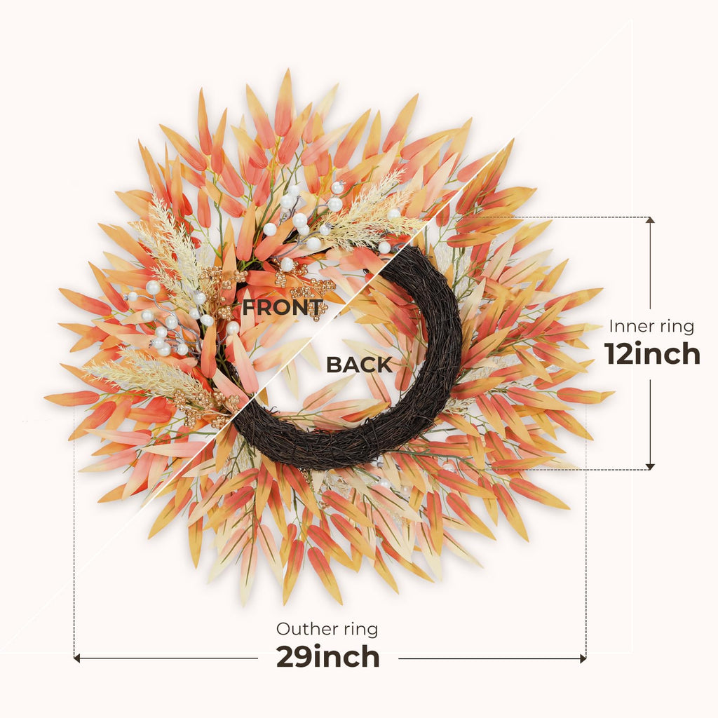OEOPIUR Fall Wreath Front Door Decor Large Orange Autumn Leaves Indoor Outdoor