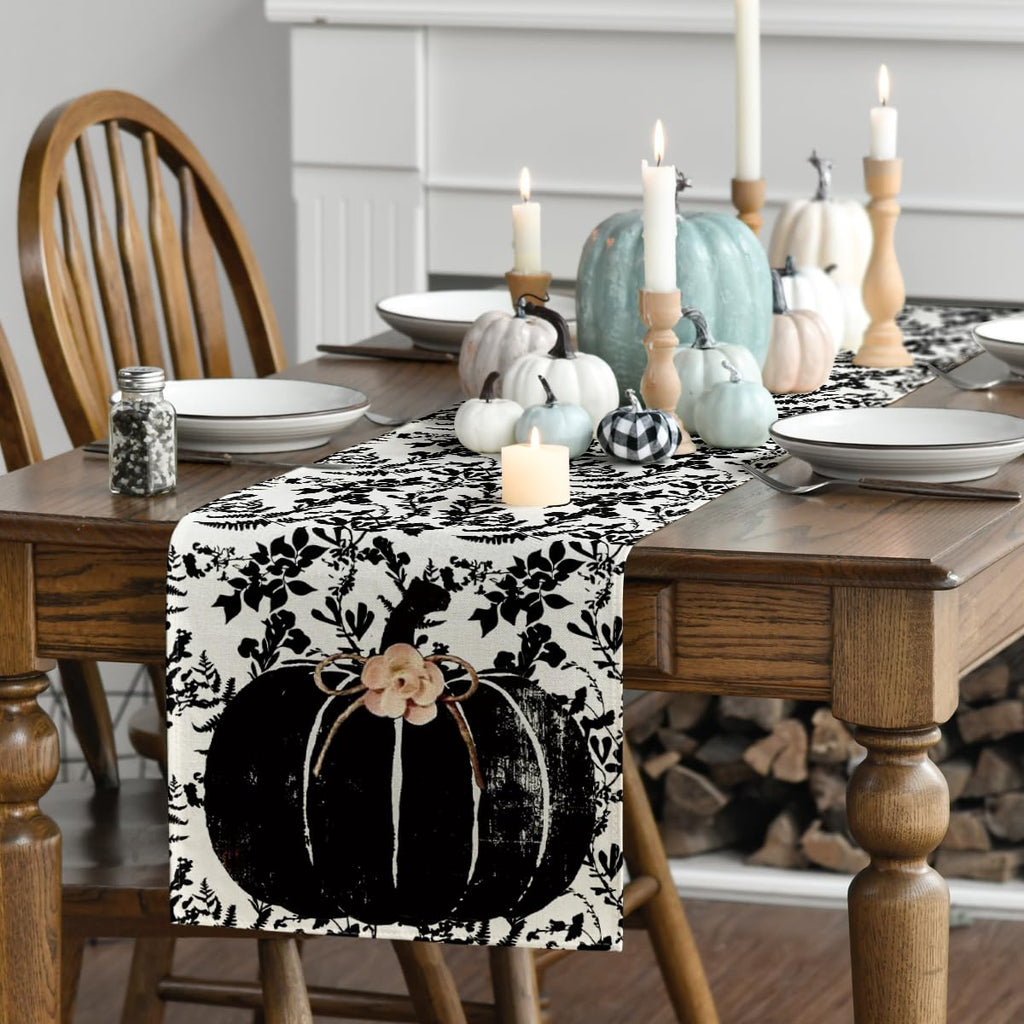 Artoid Mode Pumpkin Leaves Darkness Flower Fall Table Runner Black 13x36 Inch