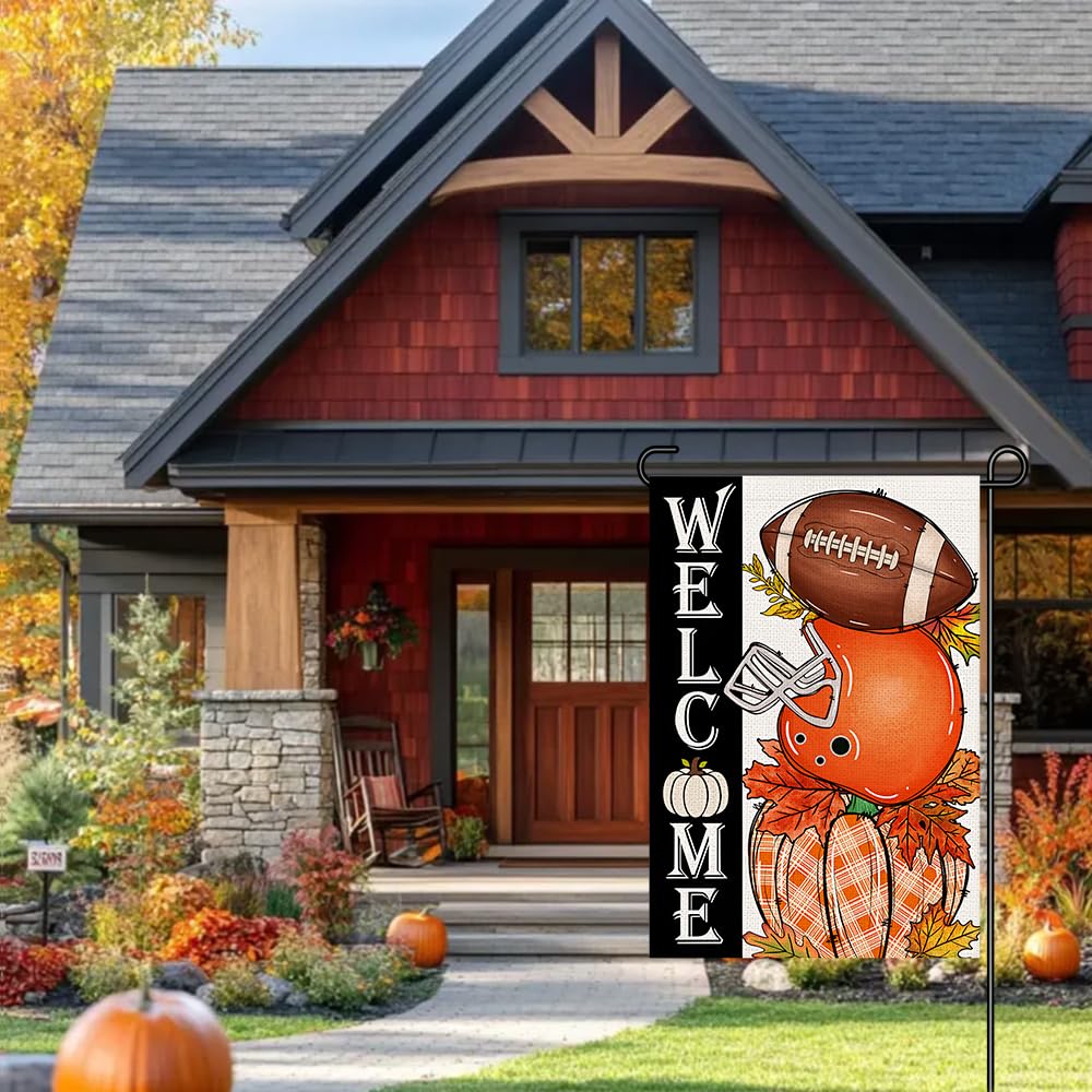 Decorhua Fall Garden Flag Burlap 12x18 Double Sided Football Pumpkin Orange