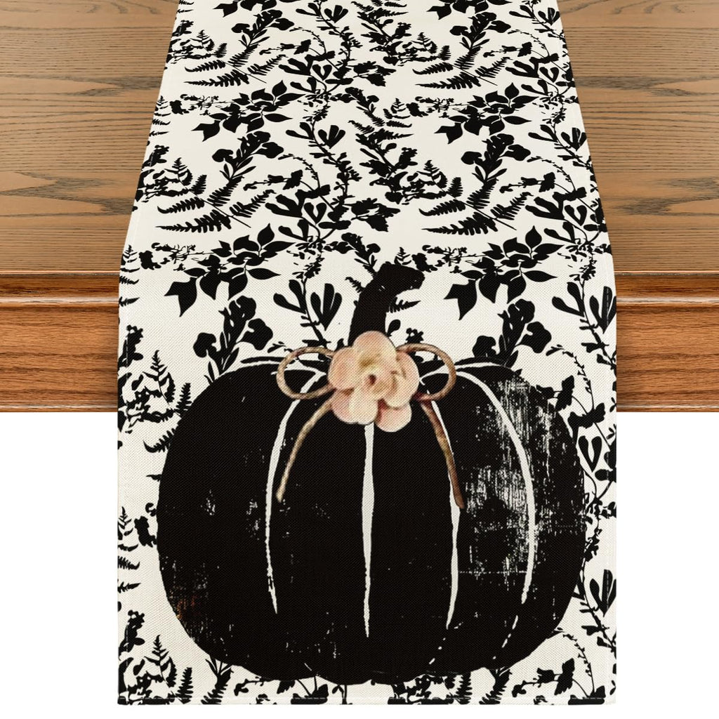 Artoid Mode Pumpkin Leaves Darkness Flower Fall Table Runner Black 13x36 Inch