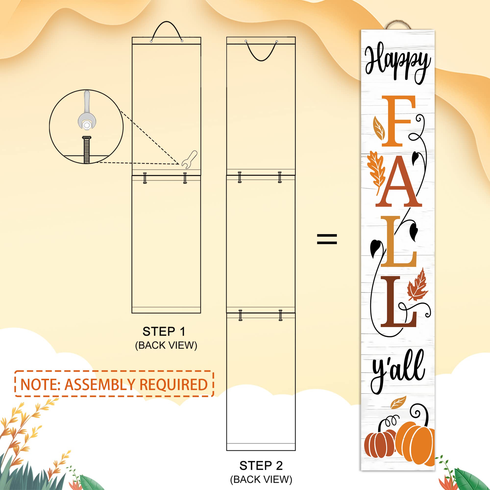 AUSTAB Happy Fall Y'all Wooden Porch Sign 47.2" x 7.8" White Autumn Decor