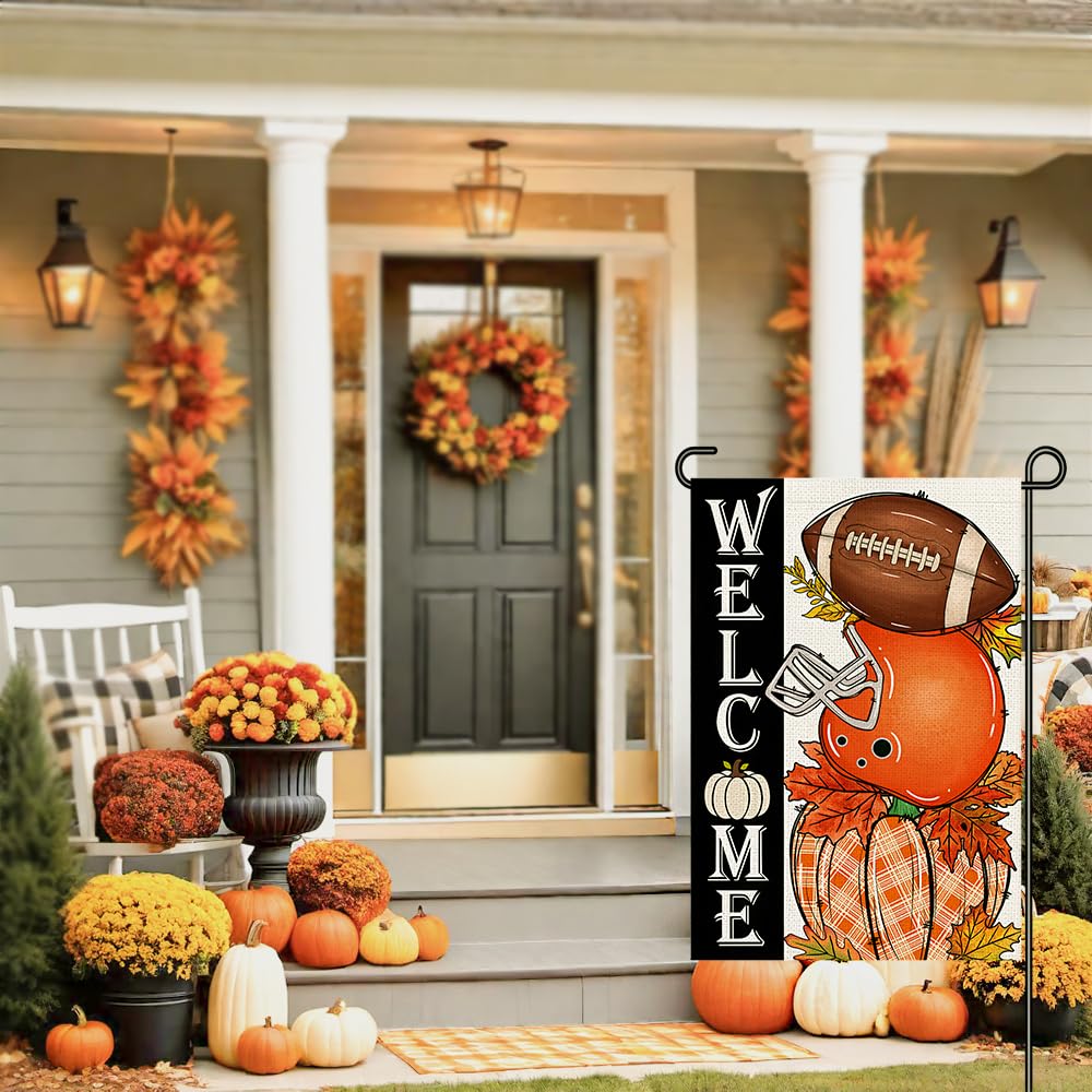 Decorhua Fall Garden Flag Burlap 12x18 Double Sided Football Pumpkin Orange