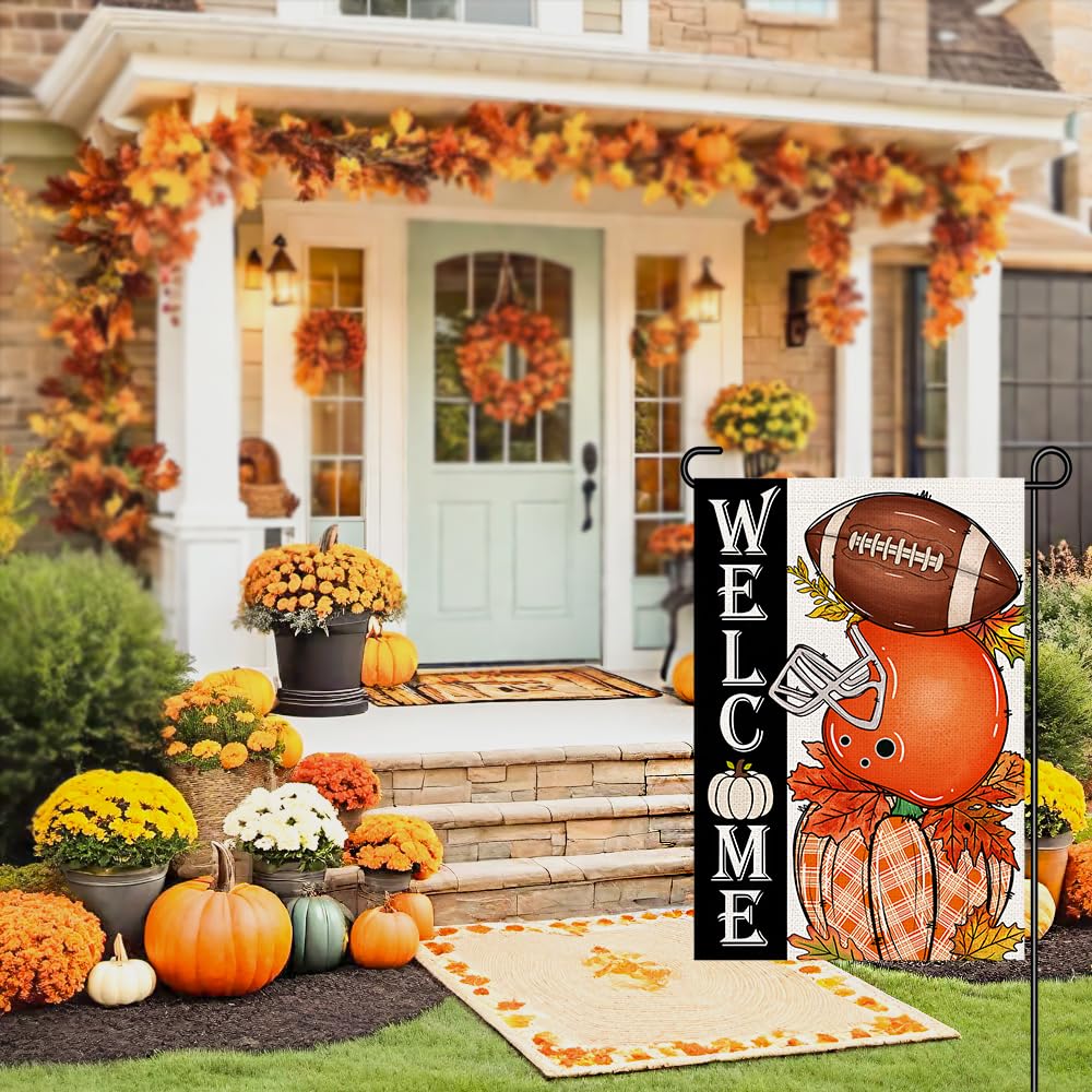 Decorhua Fall Garden Flag Burlap 12x18 Double Sided Football Pumpkin Orange