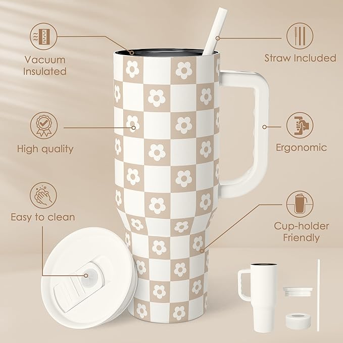 Brown Checker Daisy Slidemate | Slider Tumbler with Handle 40oz