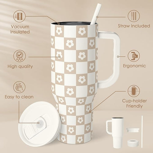 Brown Checker Daisy Slidemate | Slider Tumbler with Handle 40oz
