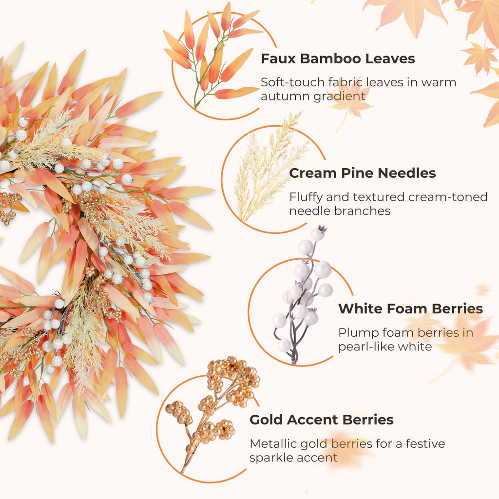 OEOPIUR Fall Wreath Front Door Decor Large Orange Autumn Leaves Indoor Outdoor