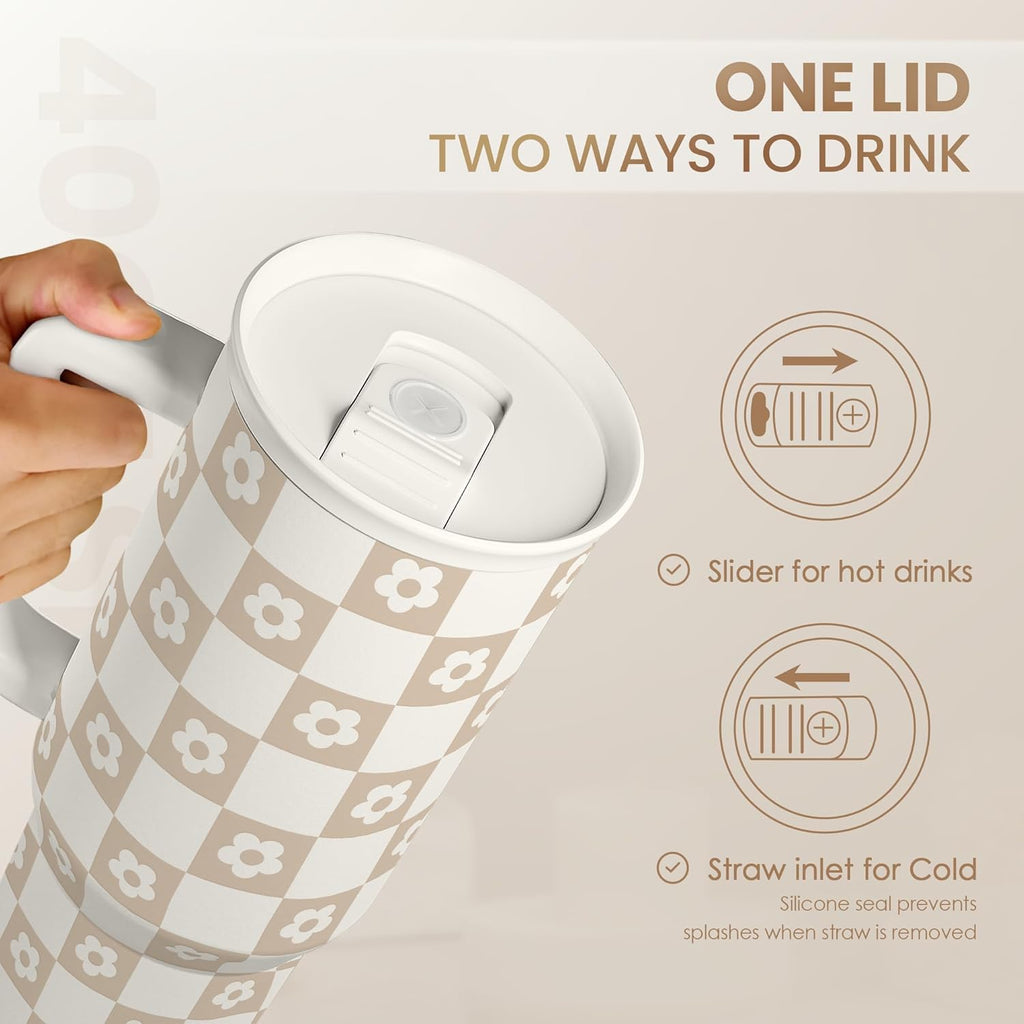 Brown Checker Daisy Slidemate | Slider Tumbler with Handle 40oz