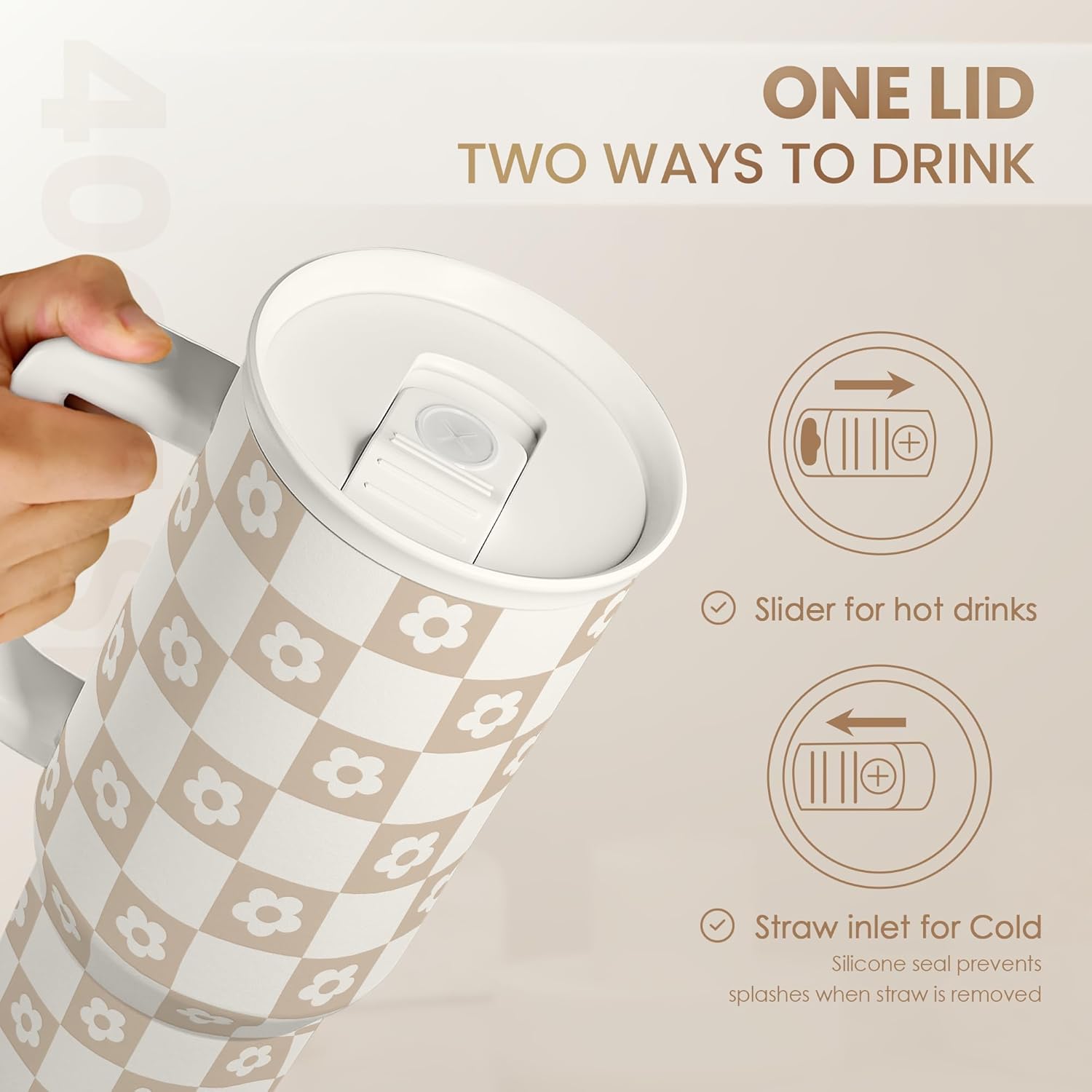 Brown Checker Daisy Slidemate | Slider Tumbler with Handle 40oz