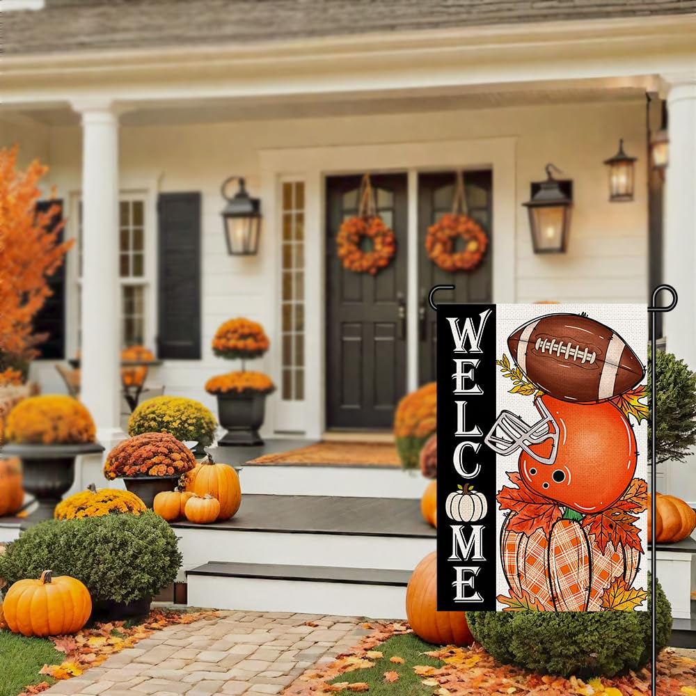 Decorhua Fall Garden Flag Burlap 12x18 Double Sided Football Pumpkin Orange
