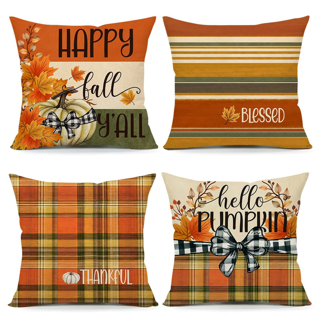 4TH Emotion Fall Pillow Covers 18x18 White Pumpkin Check Set of 4