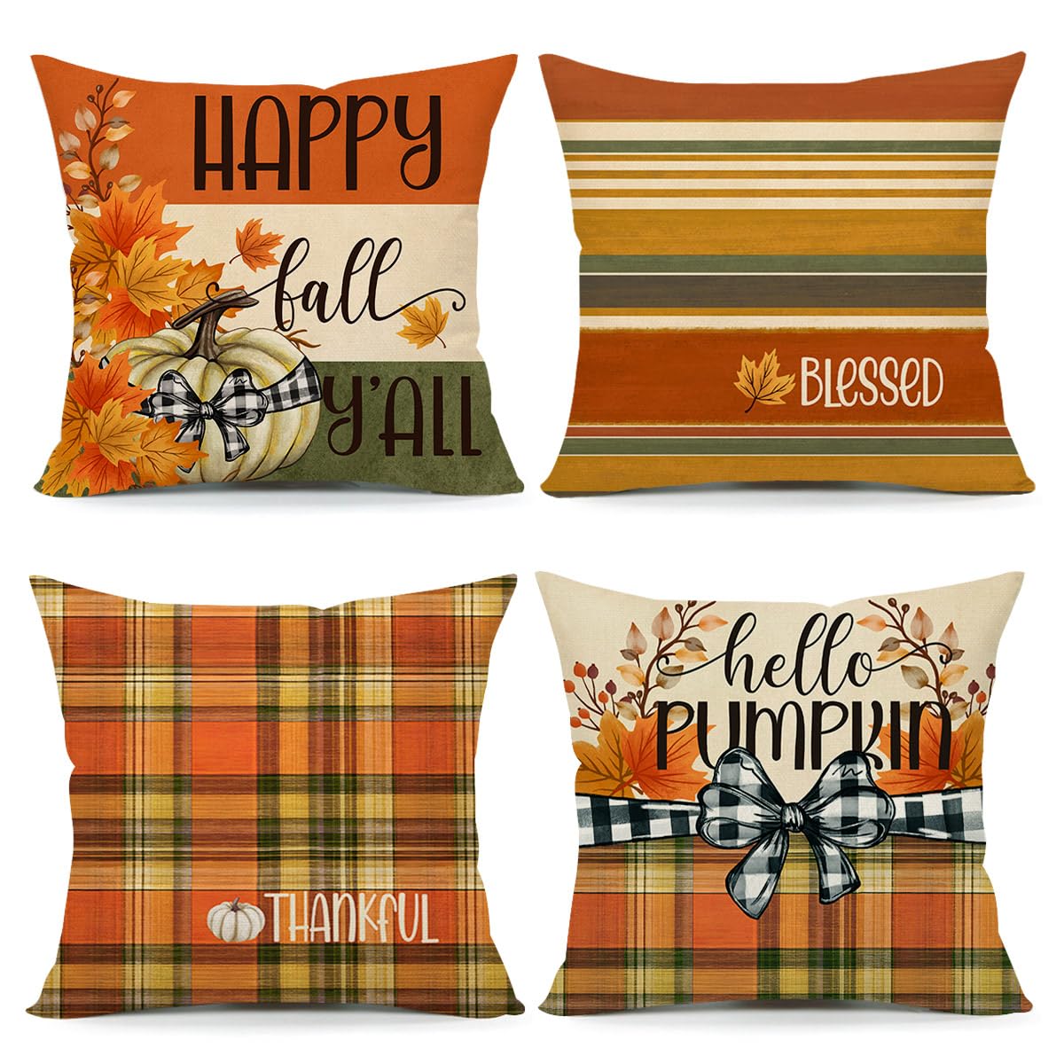4TH Emotion Fall Pillow Covers 18x18 White Pumpkin Check Set of 4