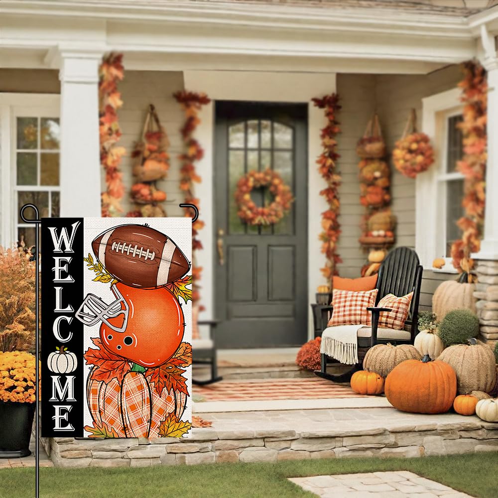 Decorhua Fall Garden Flag Burlap 12x18 Double Sided Football Pumpkin Orange