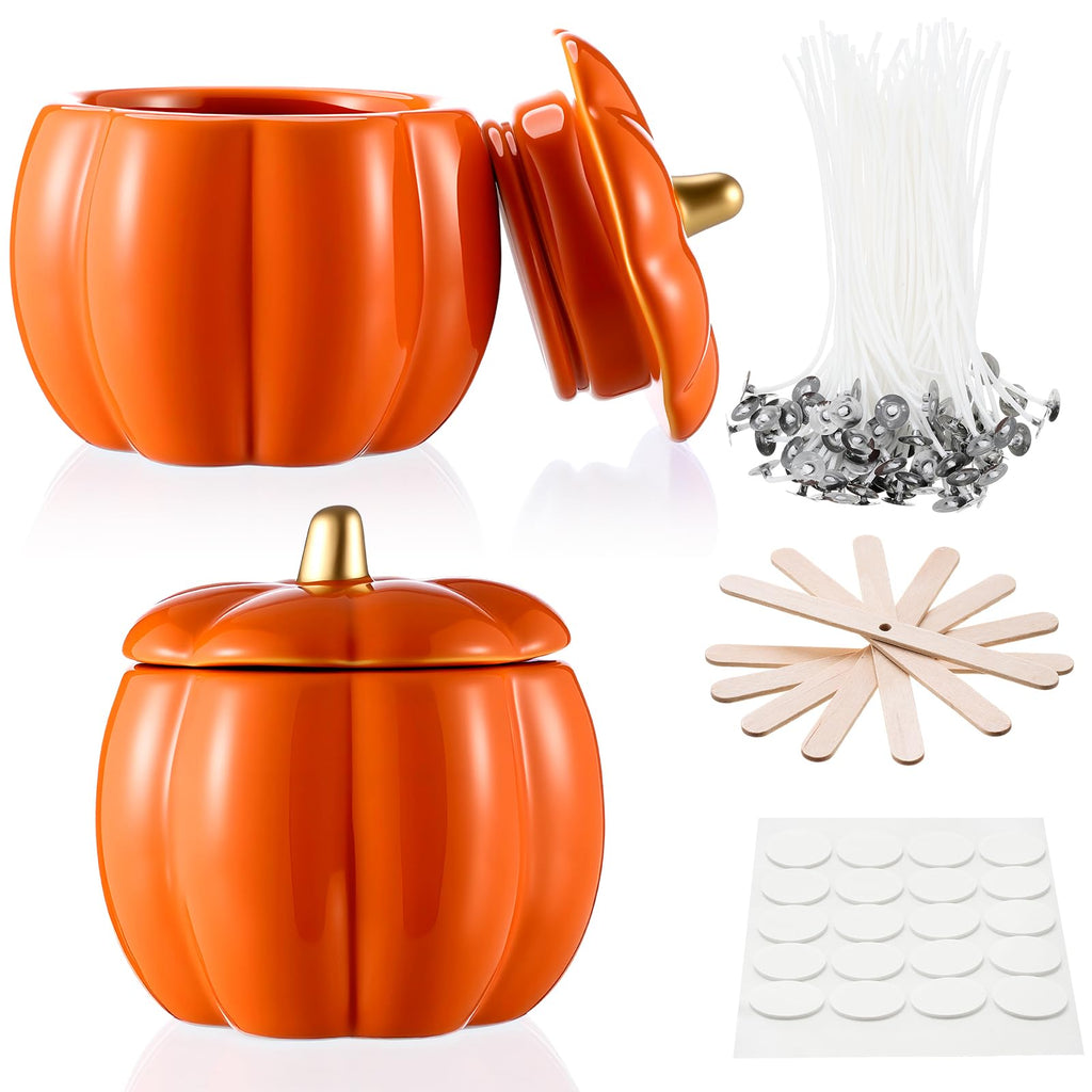 Sliner 2 Pcs 7oz Ceramic Pumpkin Jar Candle Holder Orange Fall Decor
