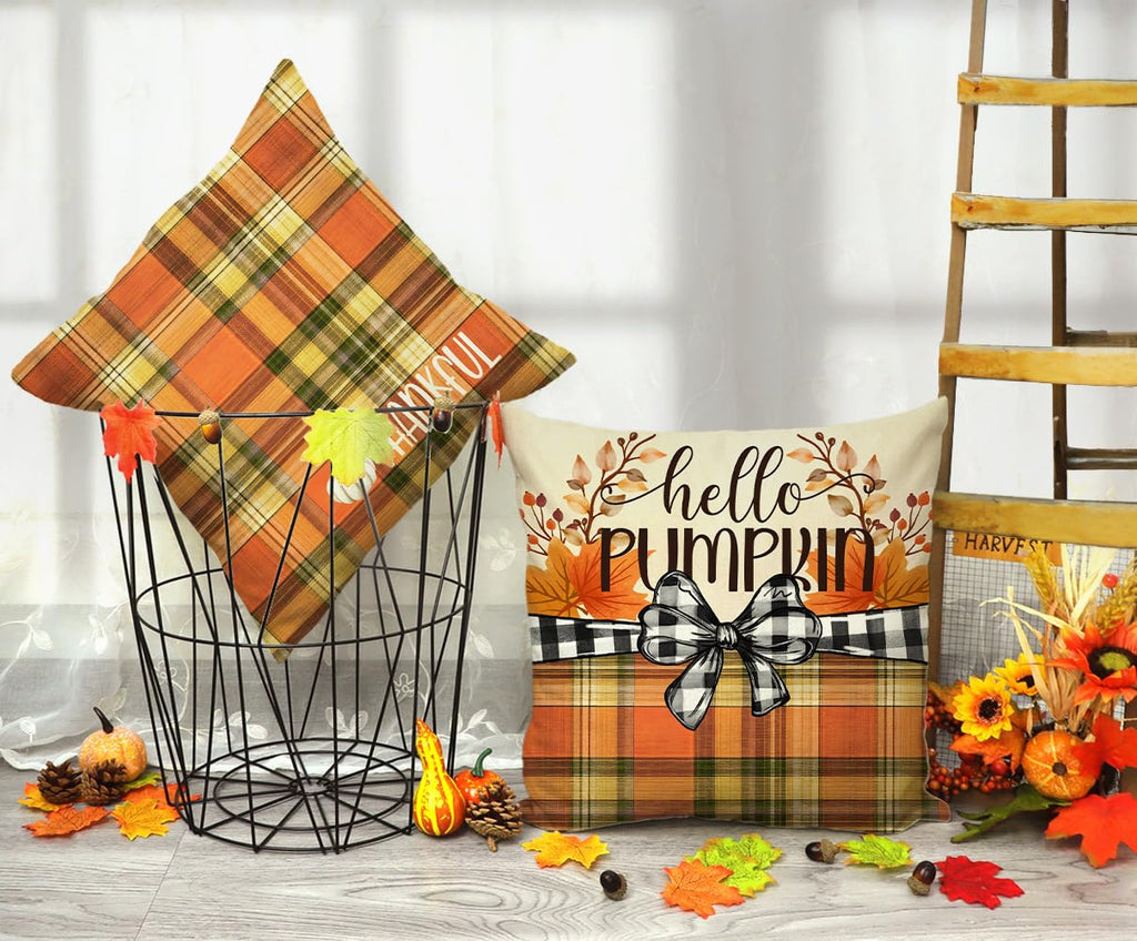 4TH Emotion Fall Pillow Covers 18x18 White Pumpkin Check Set of 4