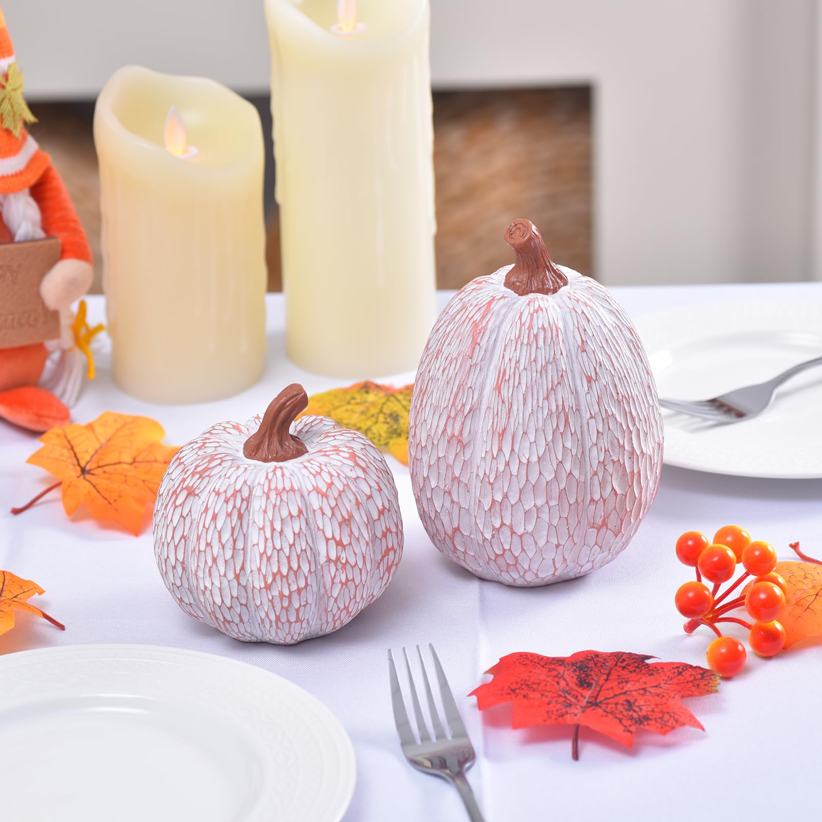 Ovootok Resin Pumpkins Fall Decorations White 2PCS Thanksgiving Decor