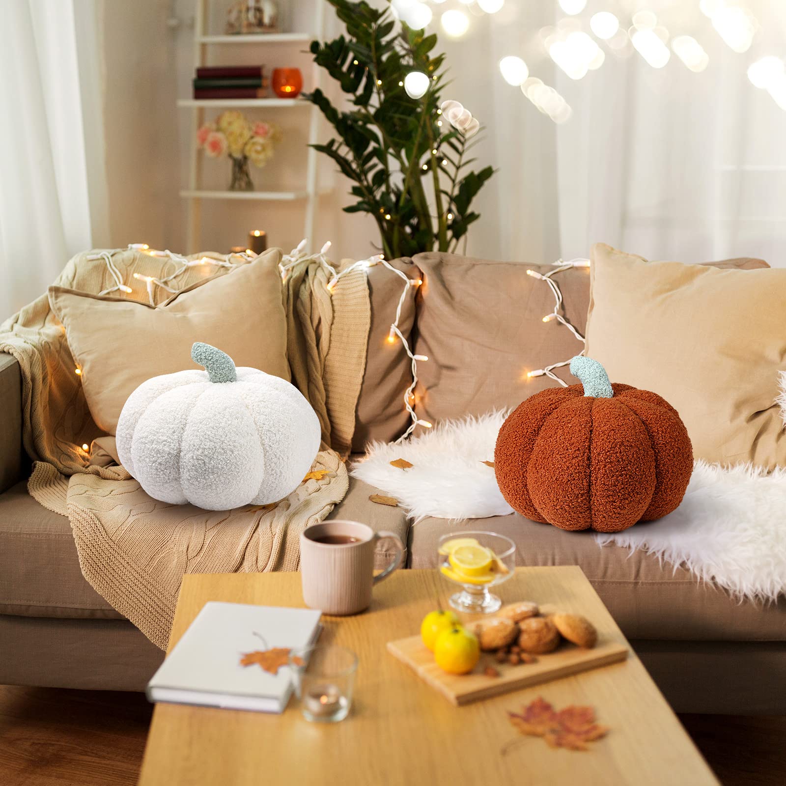 Queekay 2 Pc Pumpkin Plush Pillow 11x9.5in Brown Fall Thanksgiving Decor