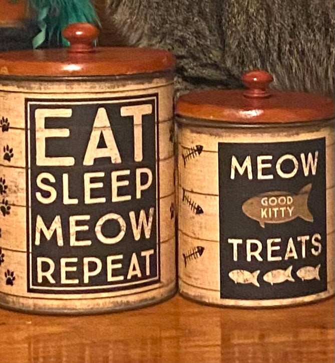 Eat Sleep Meow Repeat Cat Treat Canister Set – Rustic Farmhouse Pet Storage Decor