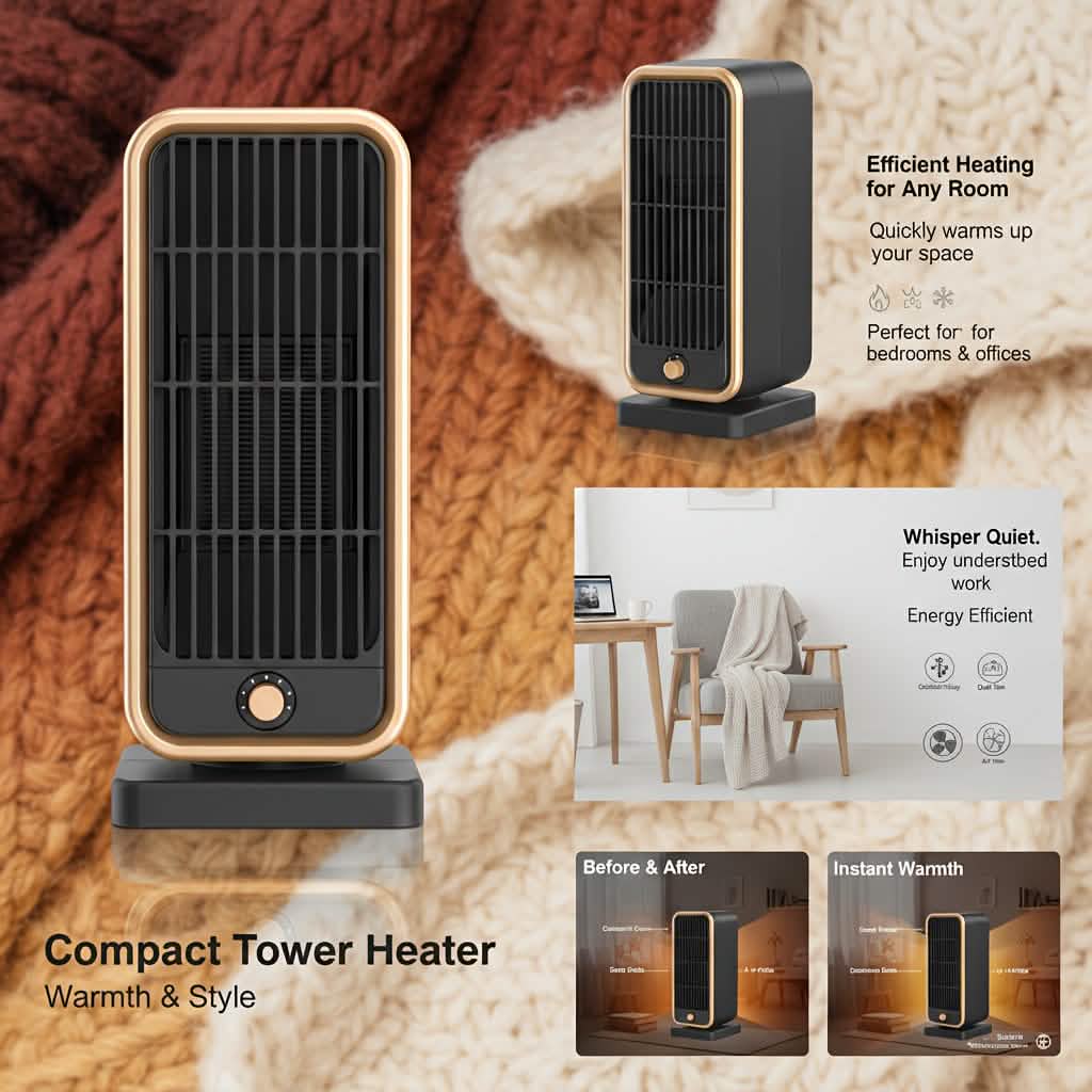 500W Portable Ceramic Space Heater with Safety Tip-Over Protection – Square Design