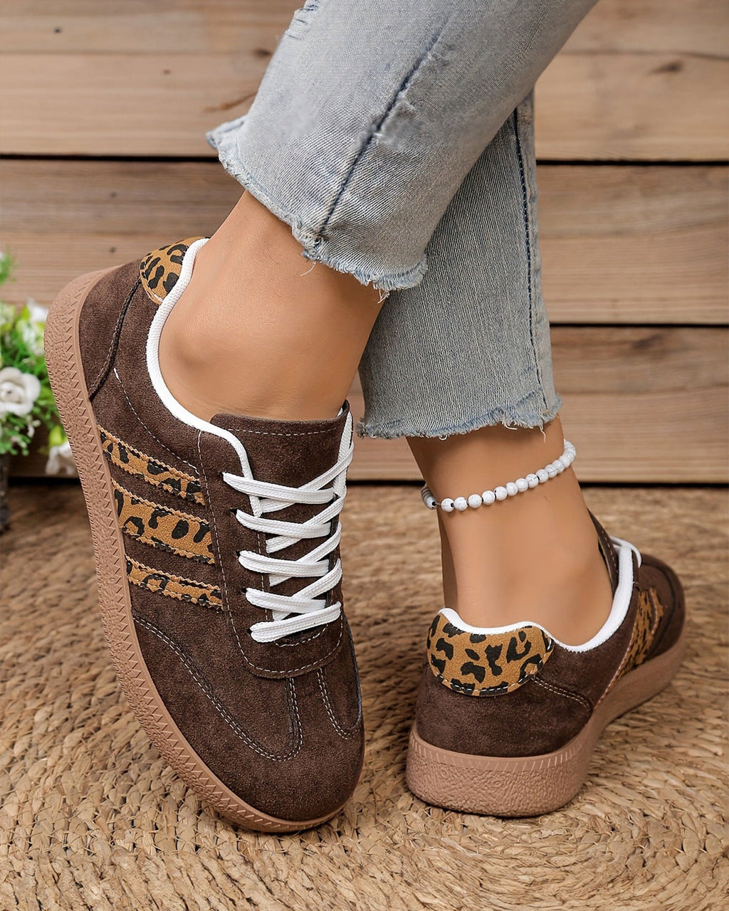 Coffee Contrast Lace-up Leopard Patchwork Detail Shoes