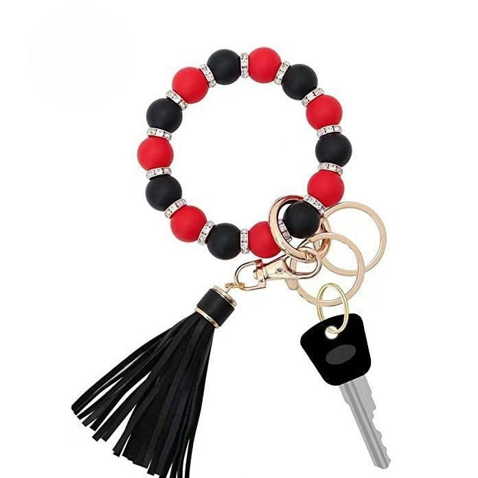 PU Tassel Keychain Bag charm Silicone Beaded Keychain Wristlet Key Ring Bracelet Cute Car Key Chain Holder for Women Girls