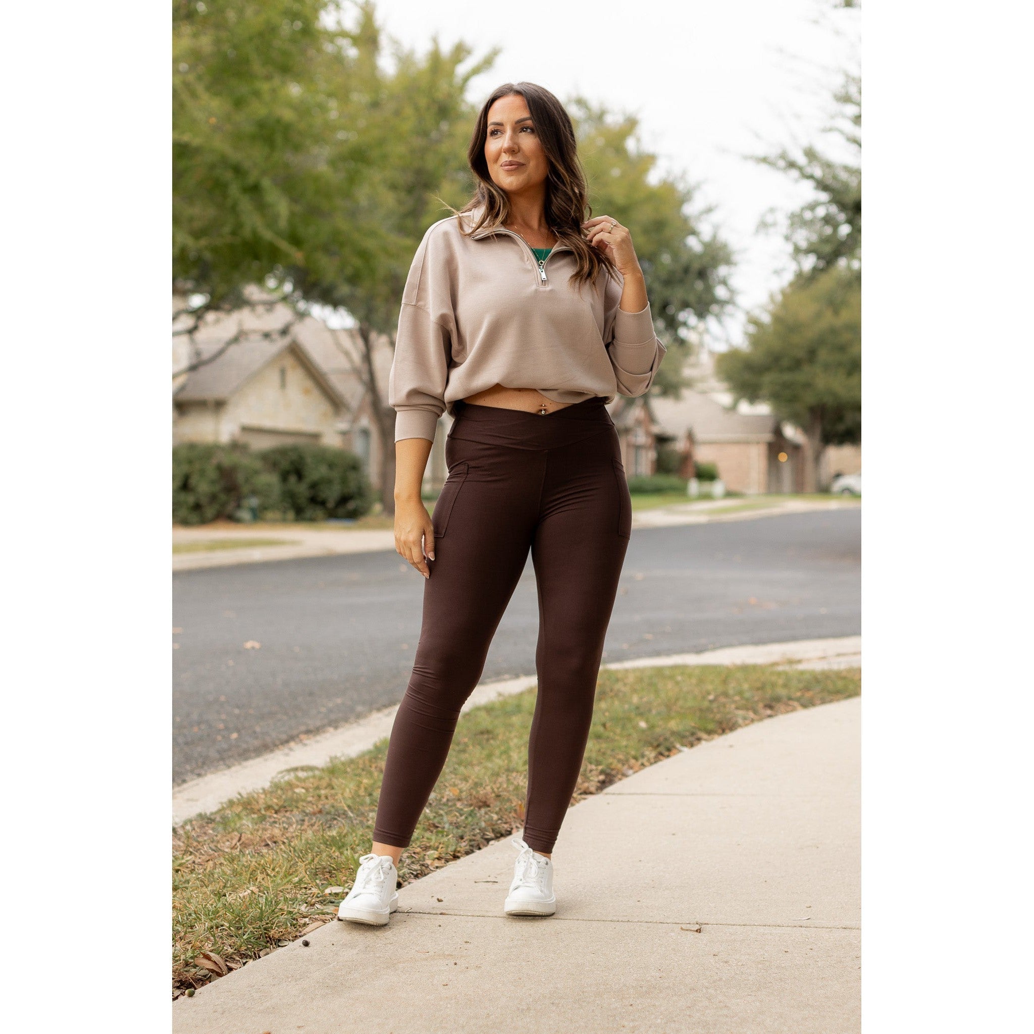 Becca - BROWN Crossover Full Length Leggings with Pockets