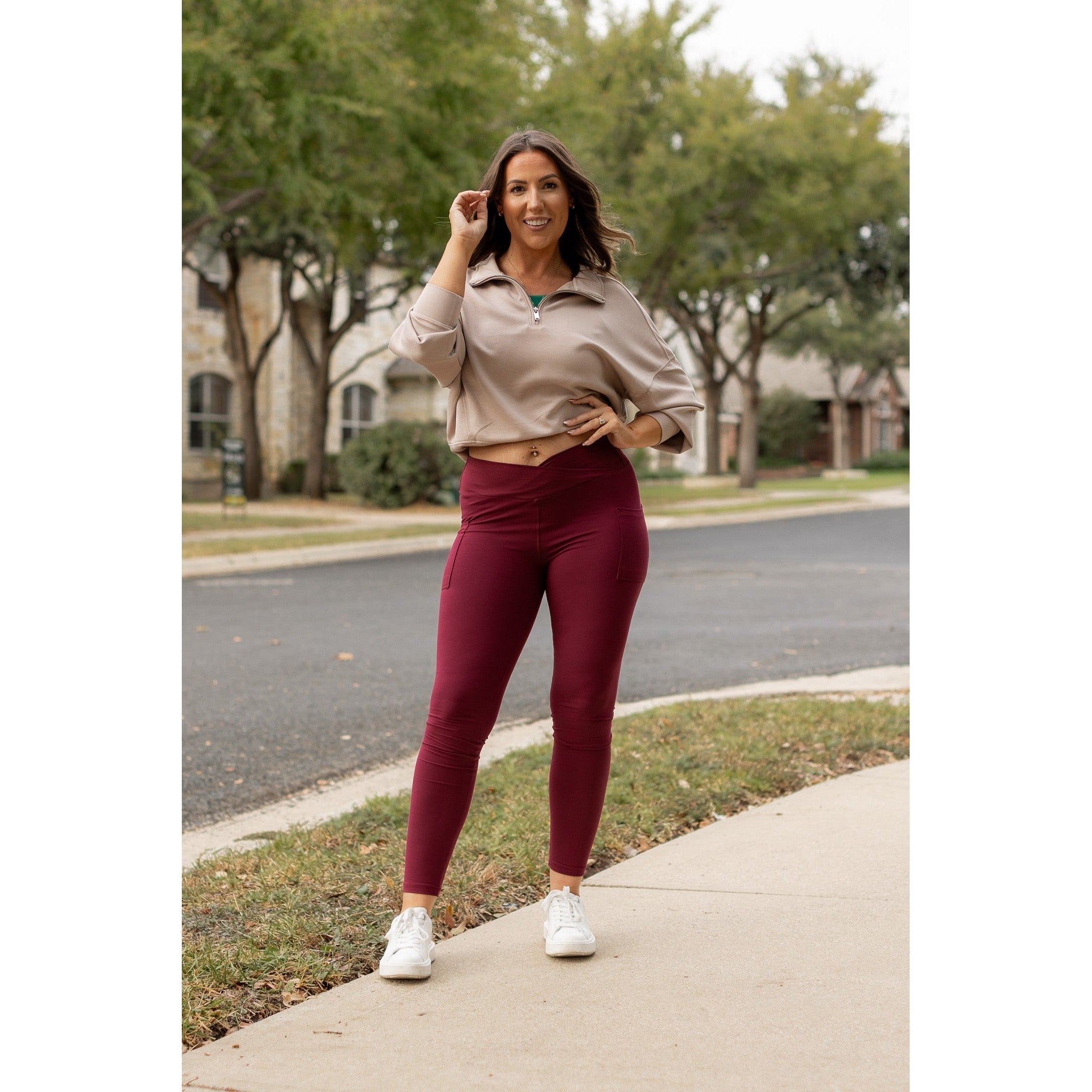 Molly - MAROON Crossover Full Length Leggings with Pockets