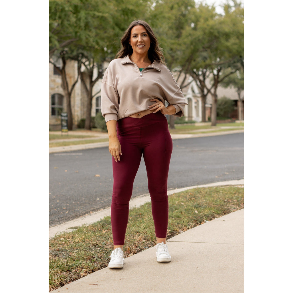 Molly - MAROON Crossover Full Length Leggings with Pockets