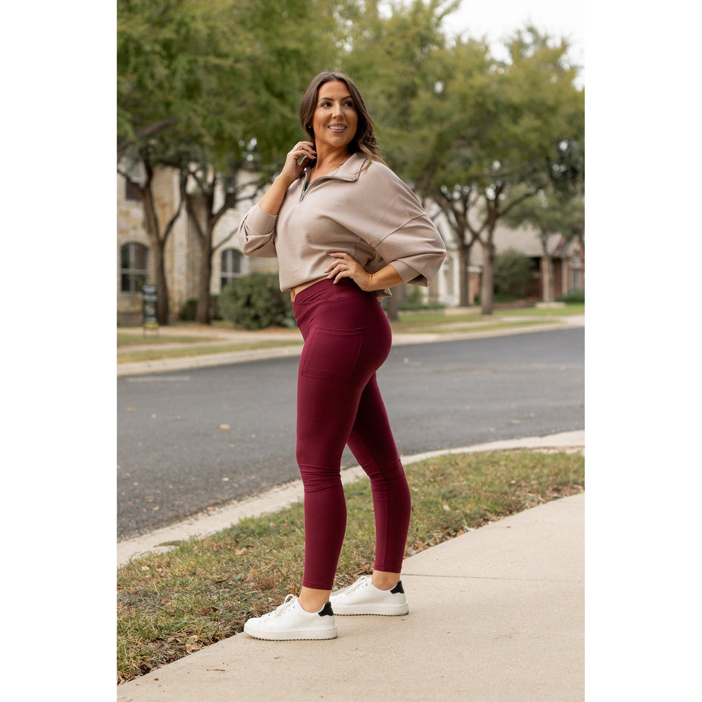 Molly - MAROON Crossover Full Length Leggings with Pockets